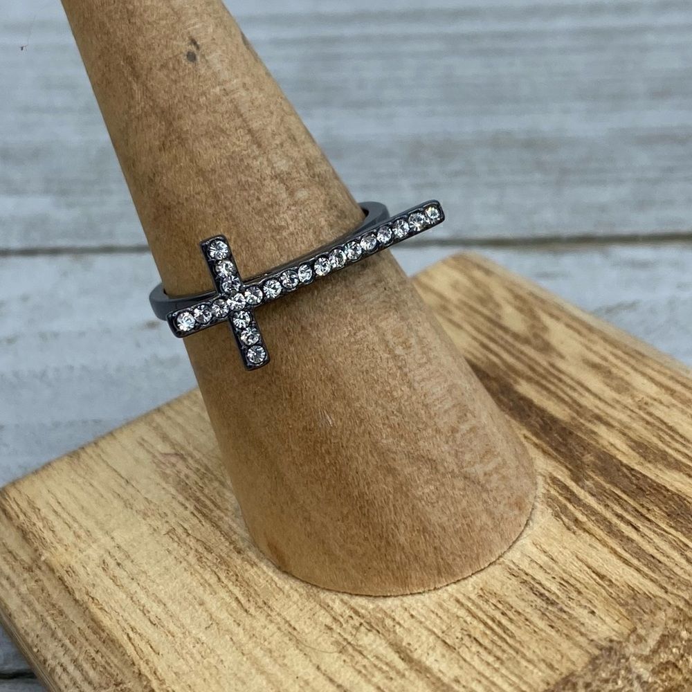 Sideways Cross Cobalt Black Crystal Brass Ring
